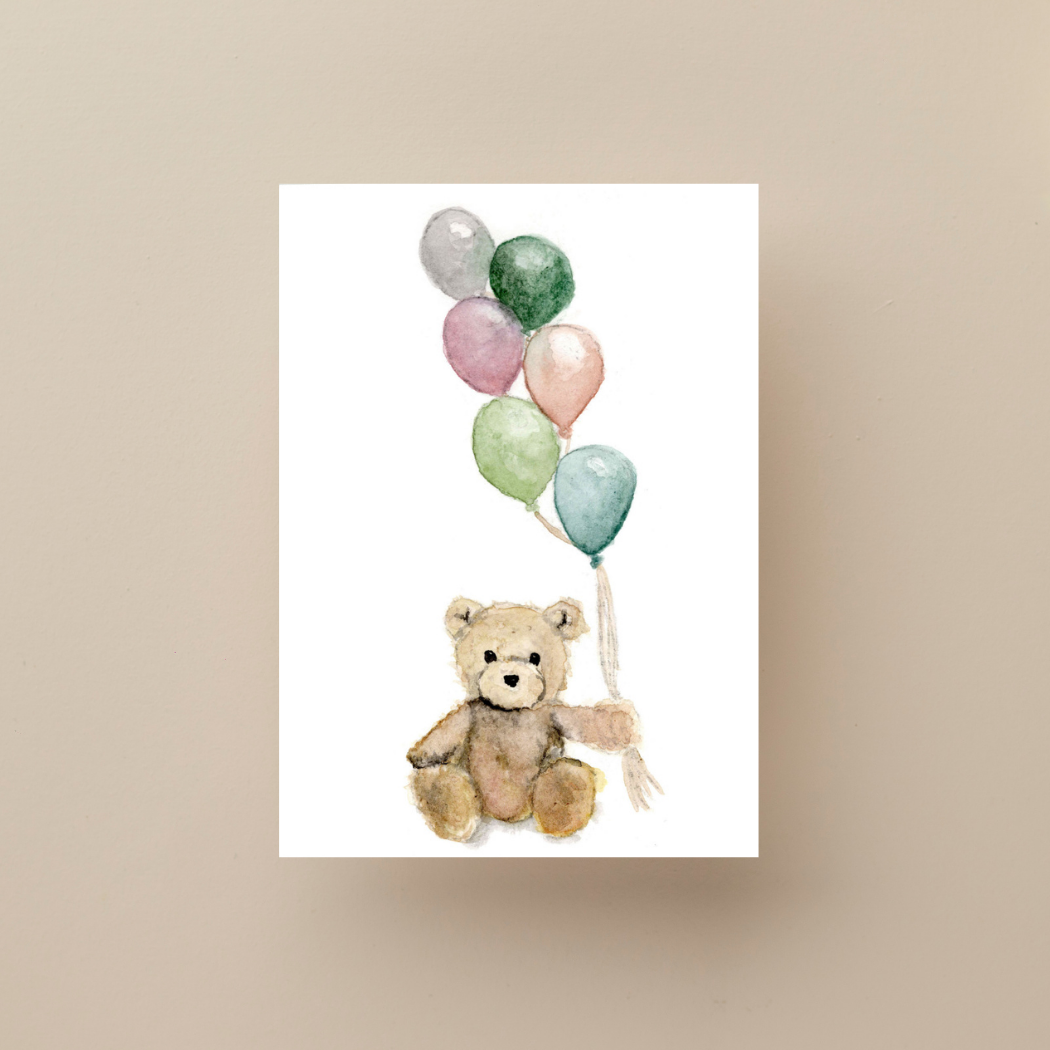 Bear with Balloons Hand-Painted Watercolor Birthday Greeting Card | Bungalow House Studio