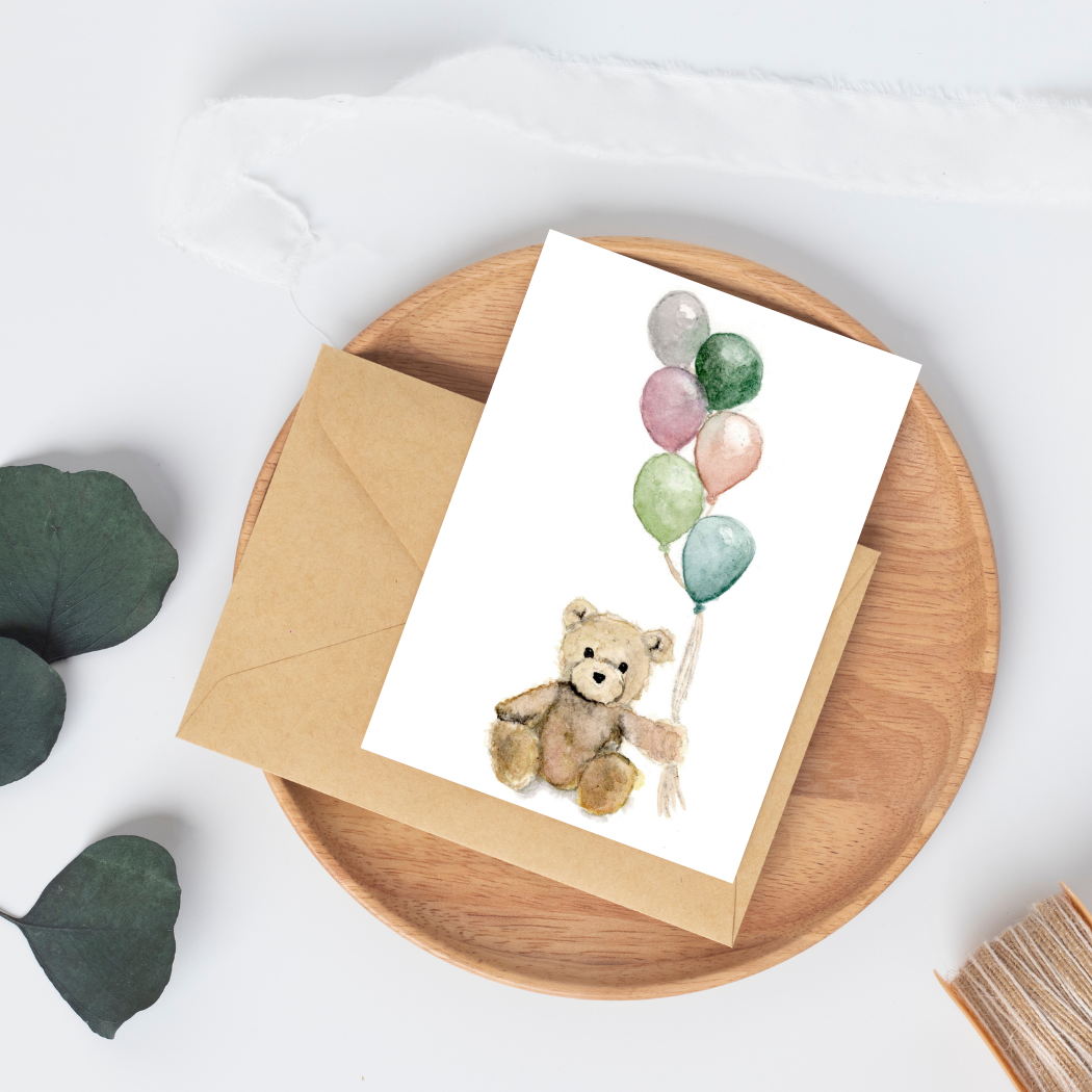 Bear with Balloons Hand-Painted Watercolor Birthday Greeting Card | Bungalow House Studio