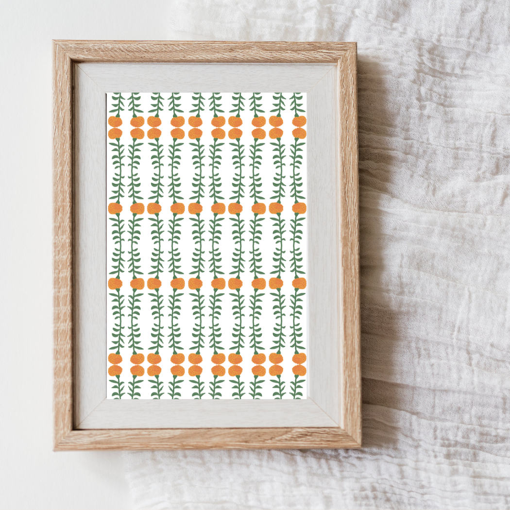 Marigold Print No 1 Greeting Card – Handcrafted Floral Art Card – Perfect for Framing – A2 Stationery – Floral Collection