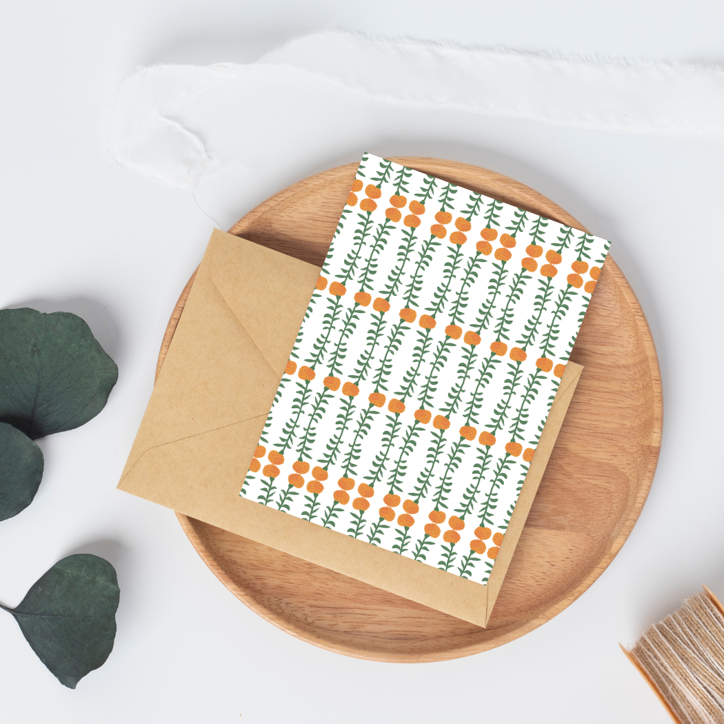 Marigold Print No 1 Greeting Card – Handcrafted Floral Art Card – Perfect for Framing – A2 Stationery – Floral Collection
