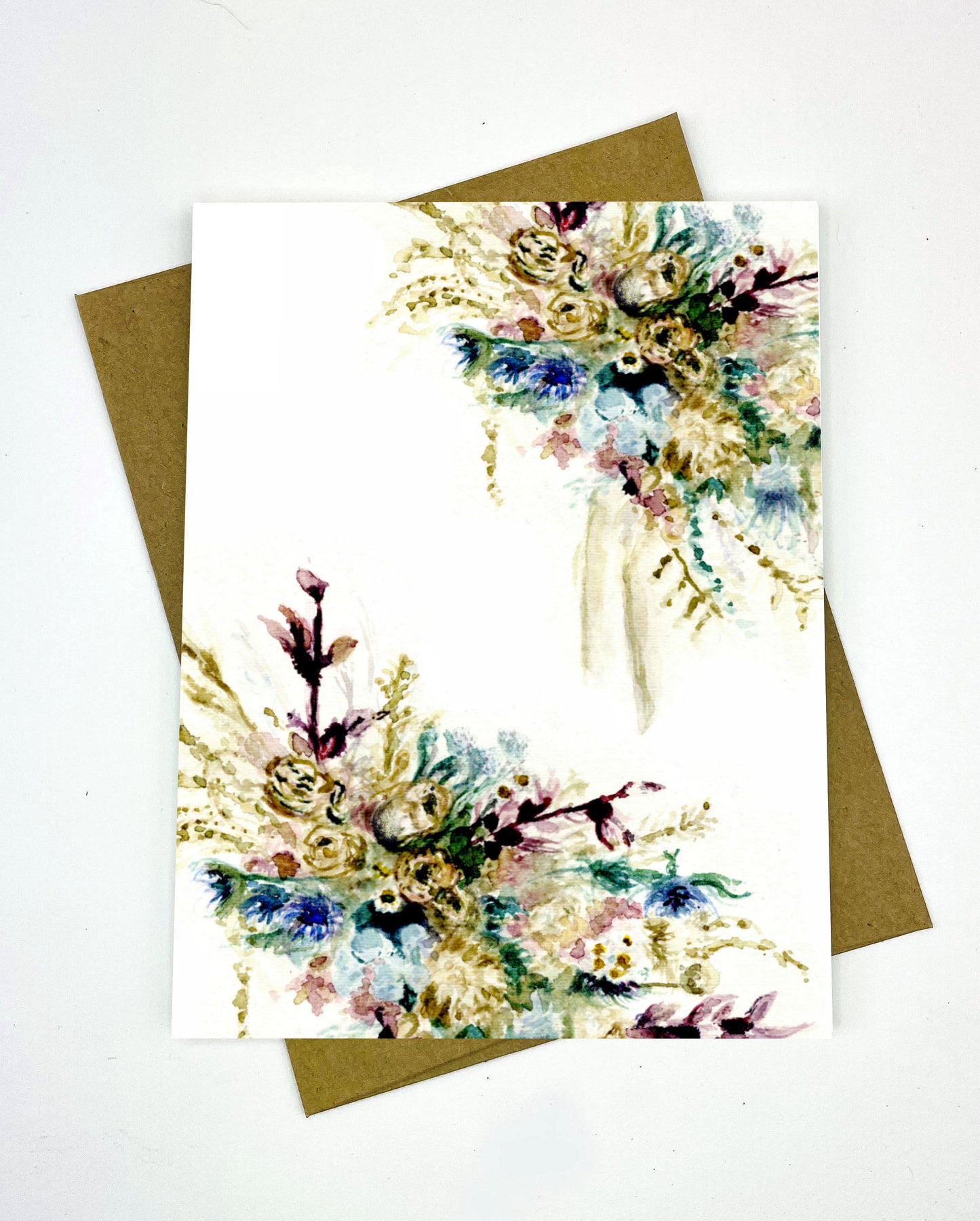 Handcrafted watercolor card with preserved bouquet design