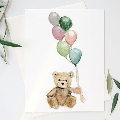 Hand-painted watercolor birthday card featuring a bear with colorful balloons – Bungalow House Studio