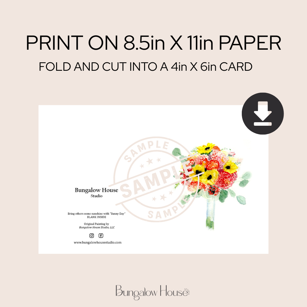 Sunny Day Bouquet | Watercolor Printable Card | Hand Painted Design | Blank Digital Greeting Card | INSTANT Download