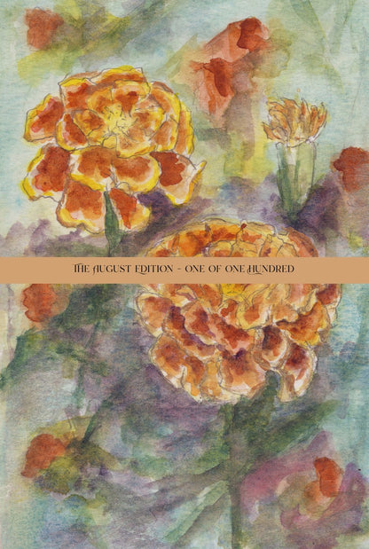 Watercolor painting of marigold flowers with a soft, multicolored background